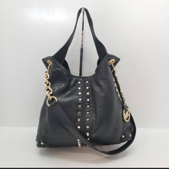 Michael Kors Uptown Astor Black Leather Studded Satchel Shoulder Bag Purse - Picture 1 of 6